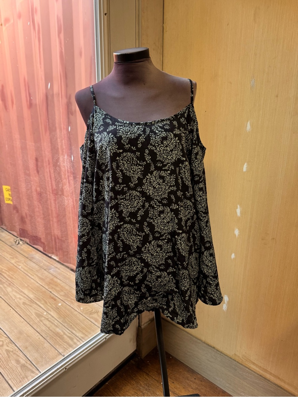 Black Floral Cold-Shoulder Camisole with Adjustable Straps